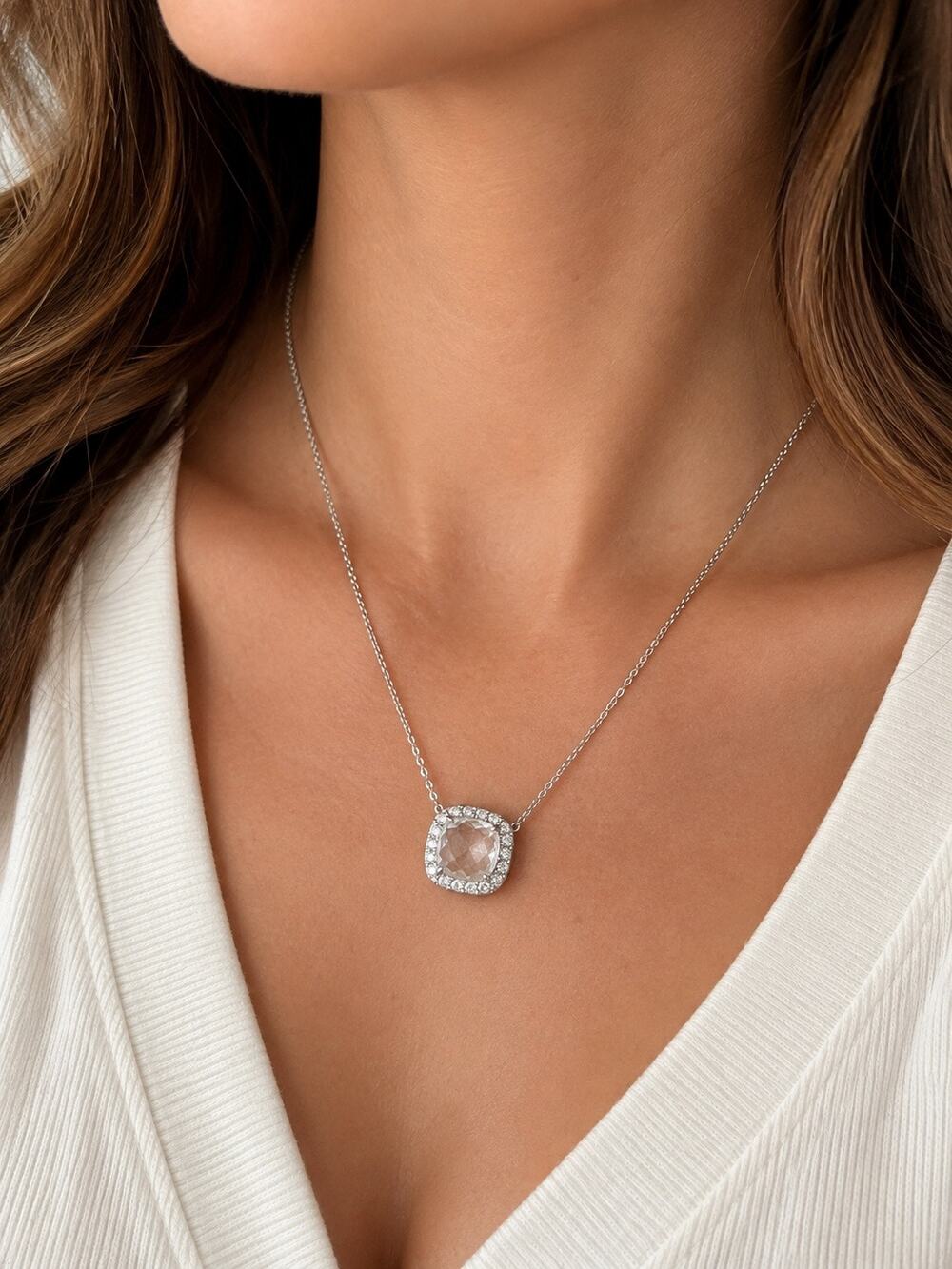 Kate Spade New York Square Cushion Cut Crystal Halo Pendant Necklace Silver Tone